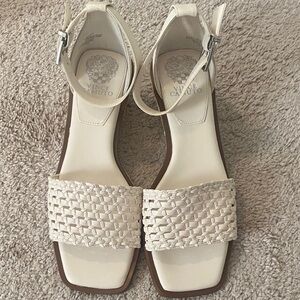 Vince Camuto Cream Woven Leather Ankle-Strap Sandals